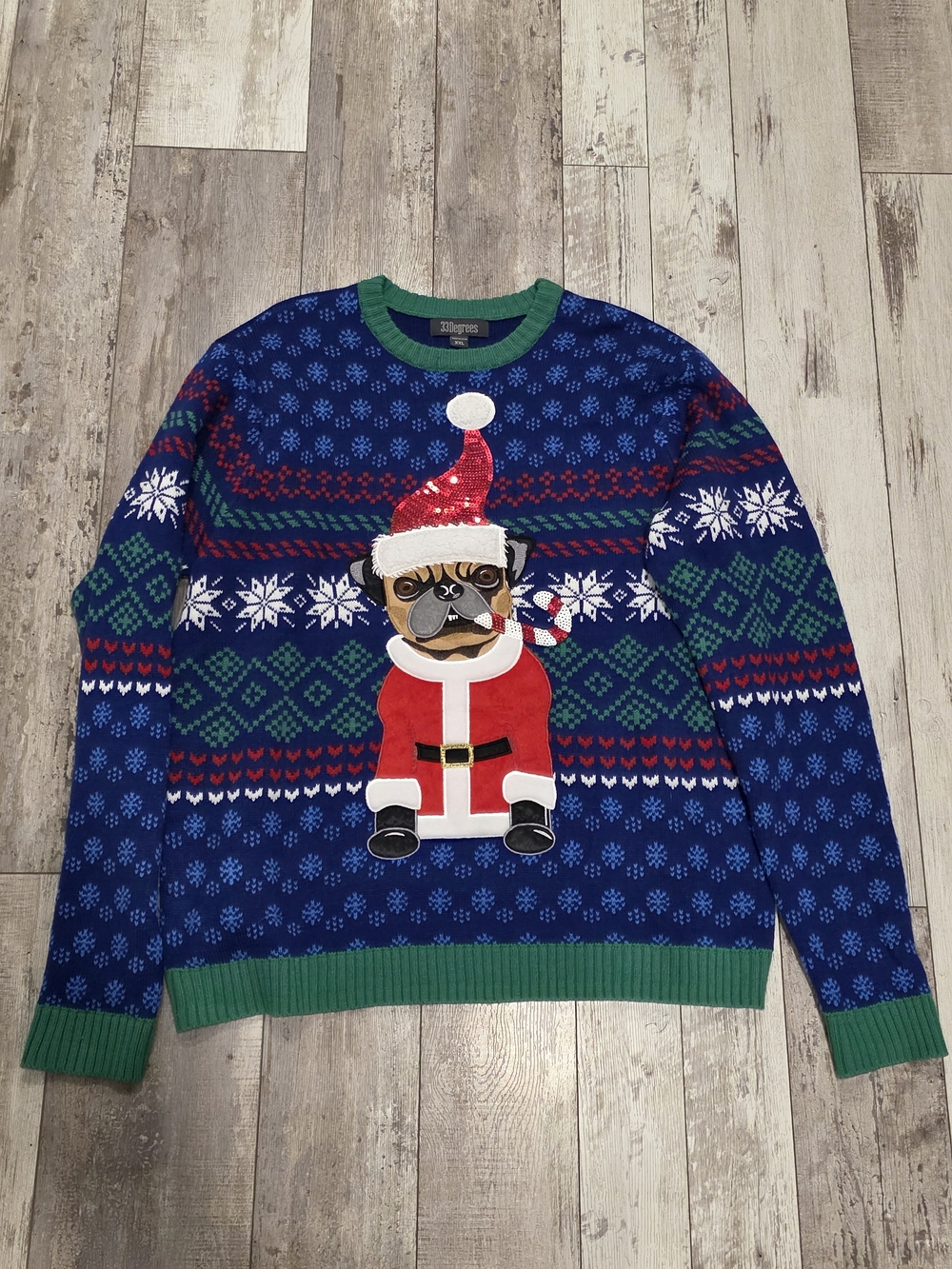 XXL Pug Dog Ugly Christmas Sweater Men's Pugly Blue Candy Cane Santa Flawless